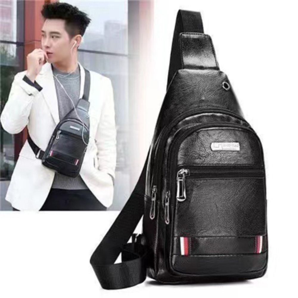 Coffee Equipment Travel Bag - カジュアル PU レザーメンズメッセンジャーバッグブラックブラウンコーヒーイヤホンポートスリングチェストバッグ男性クロスボディバッグ旅行